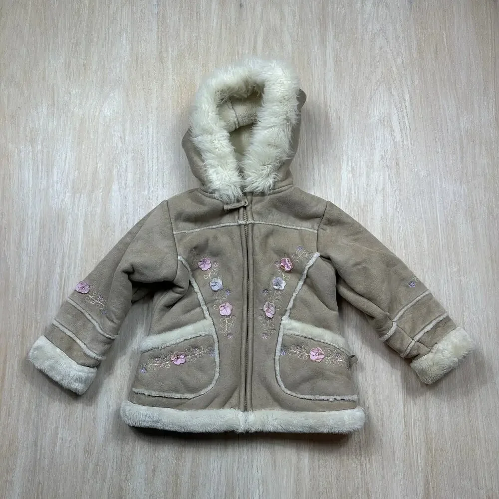 Arizona Jean Co Girls Tan Faux Suede Sherpa Embroidered Y2K Hooded Winter Coat 4